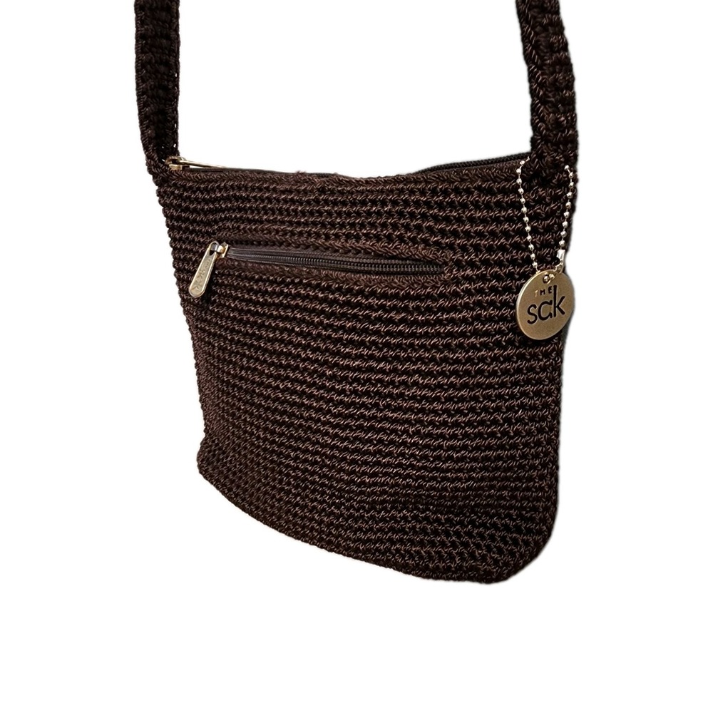 The SAK Crochet Hobo Brown Handbag Woven Bag Crossbody Charm Pockets Zip 8 X 7